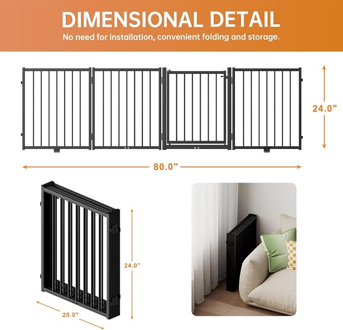 Full Metal Freestanding Dog Gate with Door, 24'' Height Foldable Pet Dog Fence for Indoor & Outdoor, 4 Panels Extra Wide Free Standing SmallDog Gates for Doorways,House,Stairs,Porch,Deck,Yard