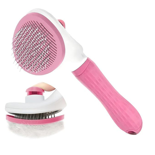 Cat Hair Brush, Cat Brush for Shedding with Metal Comb, Self Cleaning Pet Hair Brush with Release Button - Skin Friendly Deshedding Grooming Brush for Short and Long Haired Cats