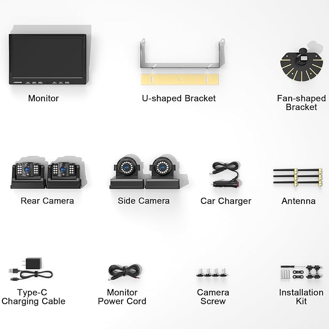 Fookoo 1080P 10" Magnetic Wireless Backup Camera 10" HD Split Screen Monitor,Rechargeable 2 Side View 2 Rear View Cameras,Low Consumption 1-Min DIY Install No Drilling for RV Trailer Truck DCX104