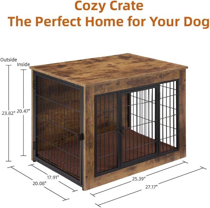 FLEXIMOUNTS Dog Crate Furniture with Cushion, Wooden Dog Kennel Furniture, Heavy Duty Dog Cage, 27" Dog Kennel with Double Doors