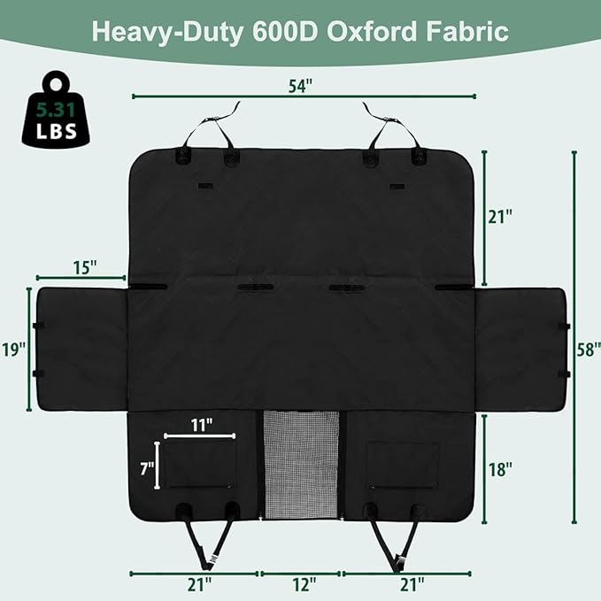 Dog Car Seat Cover for Back Seats 100% Waterproof with Metal Buckle Mesh Window Scratch Proof Heavy Duty Rear Backseat Protector Hammock for Pet, SUV Truck Vehicle Accessories, 54" x 58", Black