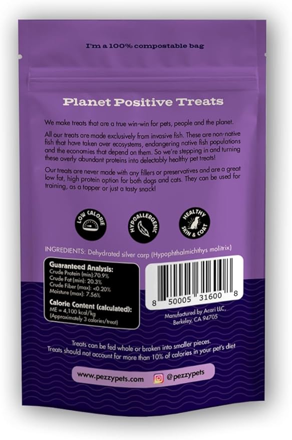 Silver Carp Chips Dog & Cat Treats | Single Ingredient | Wild Caught | Made w/Invasive Fish | Grain Free | High Protein + Low Fat | Hypoallergenic | Compostable Packaging | Made in The USA