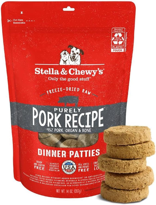 Stella & Chewy's Freeze-Dried Raw Dinner Patties - Purely Pork Recipe - High Protein Grain-Free Puppy & Dog Food - Perfect For Picky Eaters - 14 oz
