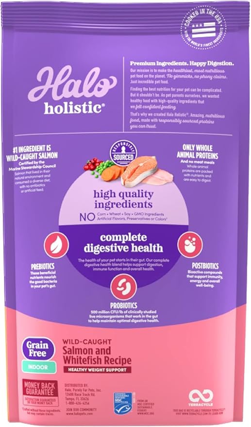 Halo Holistic Cat Food Wild Caught Salmon & Whitefish Formula, Grain Free Dry Cat Food, For Healthy Weight Support, Kibble for Indoor Cats, 10 lb Bag