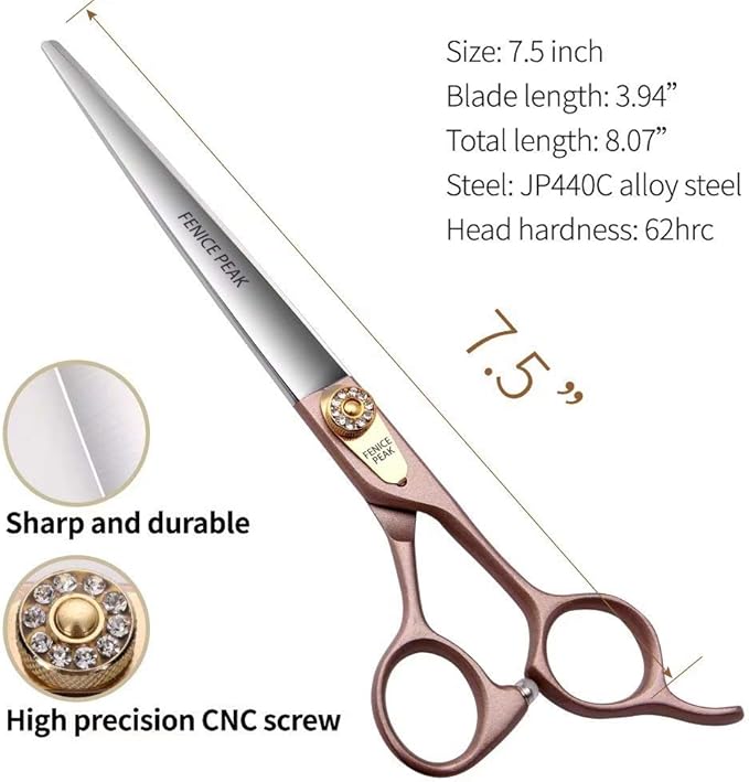 Fenice Peak 7.5'' Dog Straight Scissors for Grooming 440C Stainless Steel Rose Gold Professional Pet Trimming Scissors Sharp Blades Cutting for Dogs and Cats Shears