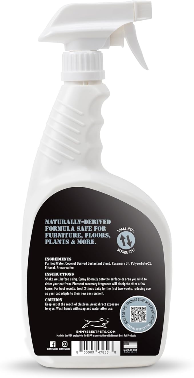 Emmy's Best EBPP Stop The Scratch Cat Spray Deterrent for Kittens and Cats 32oz - Non-Toxic, Safe for Plants, Furniture, Floors and More Cat Deterrent Spray with Rosemary Oil