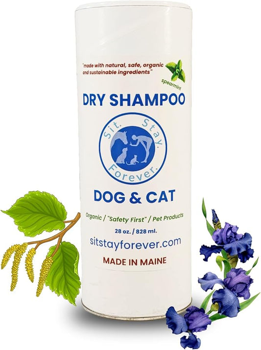 Sit. Stay. Forever. Dry Shampoo for Dogs & Cats – Organic Dry Bath Powder, Talco para Perros, Hypoallergenic, Odor Control for Smelly Dogs, No-Rinse, Anti-Itch, Safe & Natural, Made in The USA, 7 oz