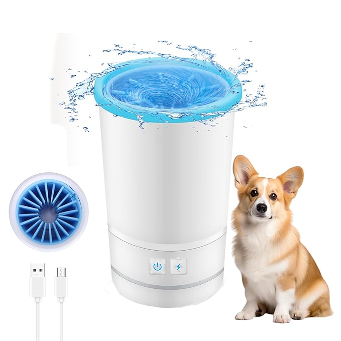 Automatic Dog Cleaner, Soft Electric Washer USB Rechargeable Portable Cleaner Cup, Dog Foot Cleaning Machine for Small to Medium Dogs Cats (White Blue)