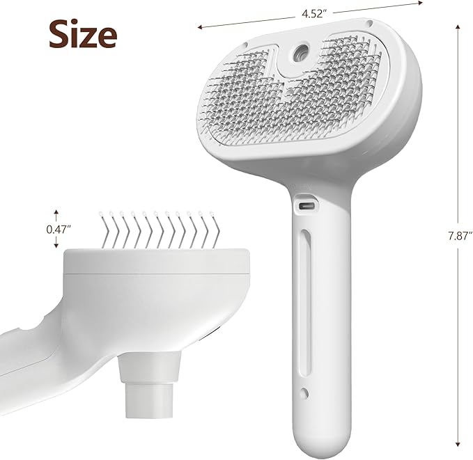 L&W BROS. Steam Grooming Brush for Shedding and Detangling – Self-Cleaning Steamy Pet Brush with Mist Spray for Long-Haired Cats and Small Dogs (White)