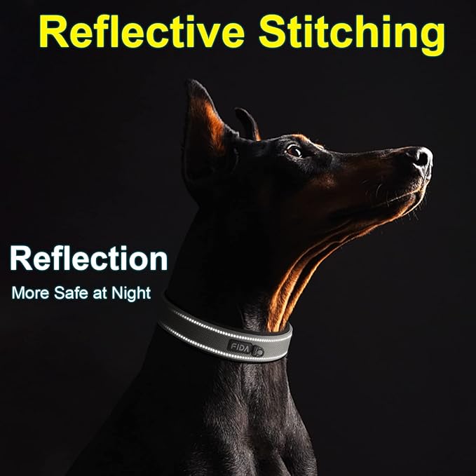 Fida Heavy Duty Dog Collar 1.5” Width, Ultra Soft Neoprene Padded, Adjustable Reflective Nylon Pet Collar with Two Metal Pin Belt Buckle for Large/X-Large Breeds (XL, Grey)