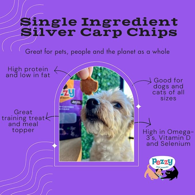 Silver Carp Chips Dog & Cat Treats | Single Ingredient | Wild Caught | Made w/Invasive Fish | Grain Free | High Protein + Low Fat | Hypoallergenic | Compostable Packaging | Made in The USA