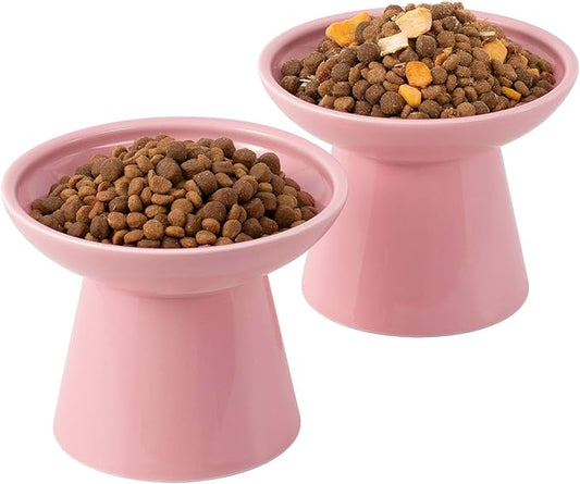 Extra Wide Elevated Ceramic Cat Bowl, 6.2" Shallow Dish for Whisker Fatigue Relief, 5" Height for Easy Feeding, Durable Raised Cat Food Bowls, Pack of 2, Pink