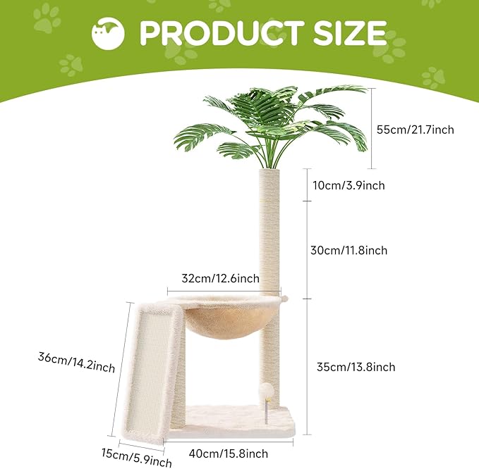Small Cat Tree, Green Cat Tree with Scratching Post, Hammock Toy Ball and Palm Leaves for Kittens, Cat Tower for Indoor