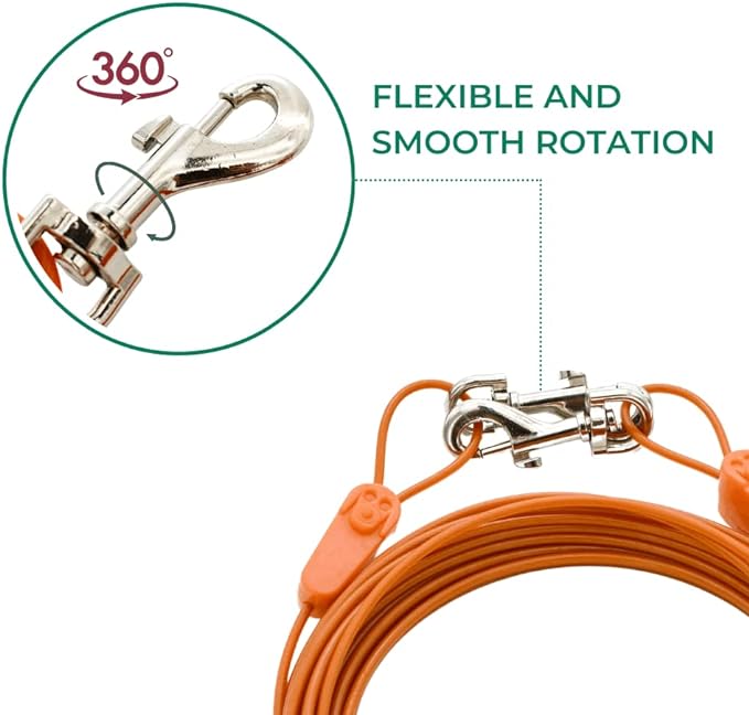 100FT Tie-Out Cables for Large Dogs - Strong, Safe, and Durable Dog Tie-Outs for up to 250 Pounds - Weather and Wear Resistant Galvanized Aircraft Cable for Outside Use