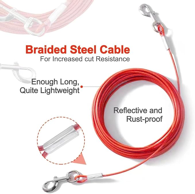 10FT Heavy Duty Dog Tie Out Cable for Large Dogs up to 125lbs, Durable Runner Tether Line (Red)