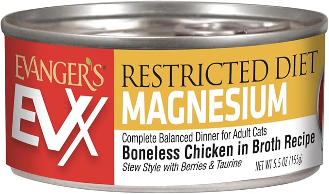 Evanger’s EVX Restricted Diet Magnesium Canned Cat Food – 24 Count, 5.5 oz Cans Each – Boneless Chicken in Broth with Berries – Grain Free, Limited Ingredients, Stew Style