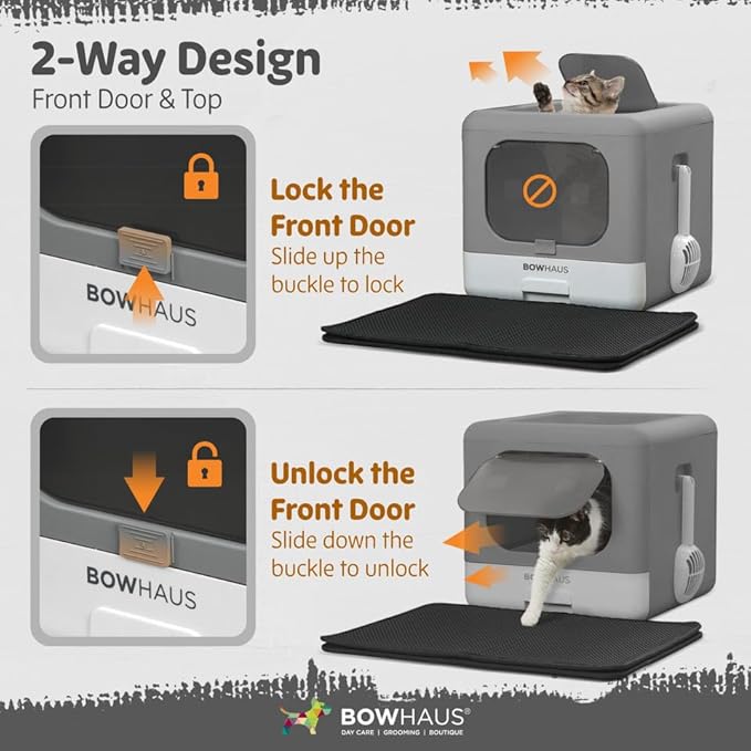 Foldable Cat Litter Box w/Lid, Scoop & Mat, Drawer Design Cat Toilet for Kitten, Two-Way Entry Kitty Litter Box, Odor Control & Easy to Clean, Dark Grey