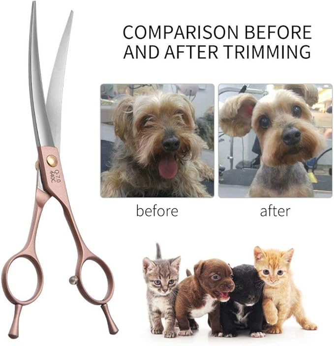 Fenice Peak Professional Curved Dog Grooming Scissors 8'' Rose Gold 440C Stainless Steel Pet Cutting Shears Safety Trimming Shearing for Dogs Cats