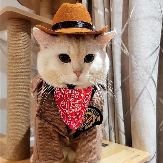 Dog Cowboy Costume Mini Brown Cowboy Hat Pet Bandana Halloween Costume for Cat Size L