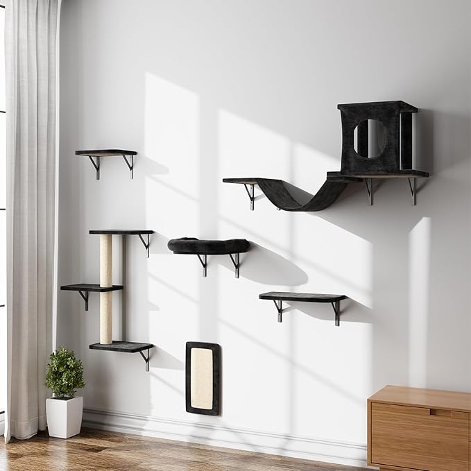 NUNU LAB Wall Mounted Cat Climber Set, 6 Pcs Cat Furniture Set with House, Bridge, Steps, Scratcher Board and Hammock, Shelves for Indoor, Luxury Walls Furniture(Black)