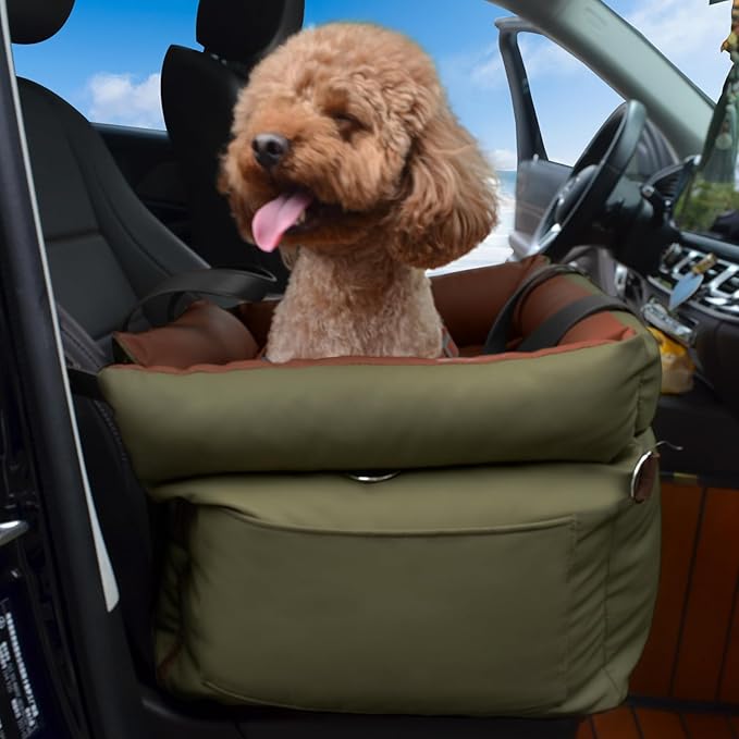 Dog Car Seat for Small Dogs, Large Leather Dog Car Bed with Storage Pocket, Waterproof PVC Leather Booster Seat Travel Bed for Front & Back Seat, Clip-On Safety Leash (Green/Brown)