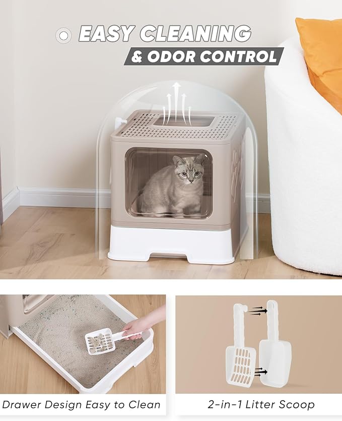 Enclosed Cat Litter Box, Large Litter Box for Big Cats, Covered Kitty Litter Boxes with Lid, Top Entry Cat Box Enclosure with Scoop, Odor Control, Easy to Clean(Coffee)