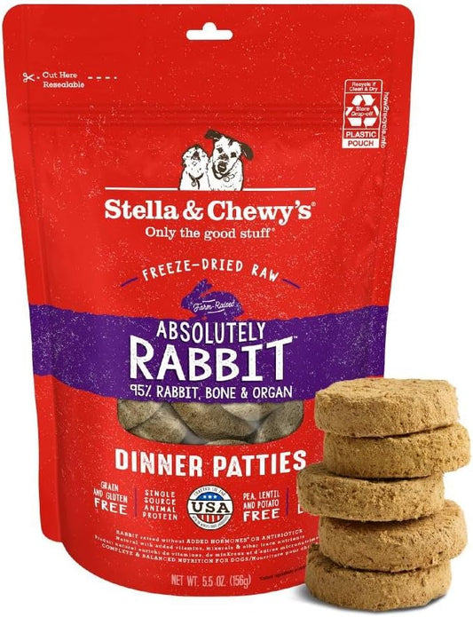 Stella & Chewy's Freeze-Dried Raw Dinner Patties - Absolutely Rabbit Recipe - High Protein Grain-Free Puppy & Dog Food - Perfect For Picky Eaters - 5.5 oz