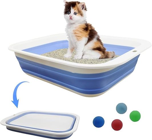 Foldable Kitty Litter Box Open Potty Pan Cat Toilet Portable Cats Litter Box Travel Litter with Scoop Waterproof Low Entrance for Kitten and Cat Toilet Easy Clean 17.7"×13.4"x4.9"(Blue)