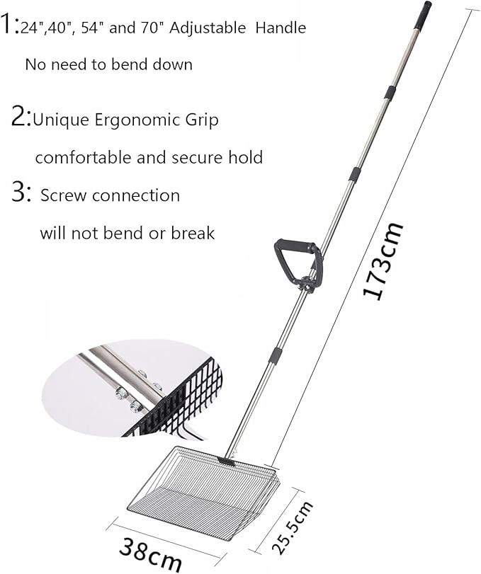 15 Inch Large Chicken coop Scoop with Ergonomic Grip Adjustable Long Handle (24-64") Chicken Poop Scooper Sifting Shovel rake Stainless Steel Metal coop Scoop (L/15 INCH)