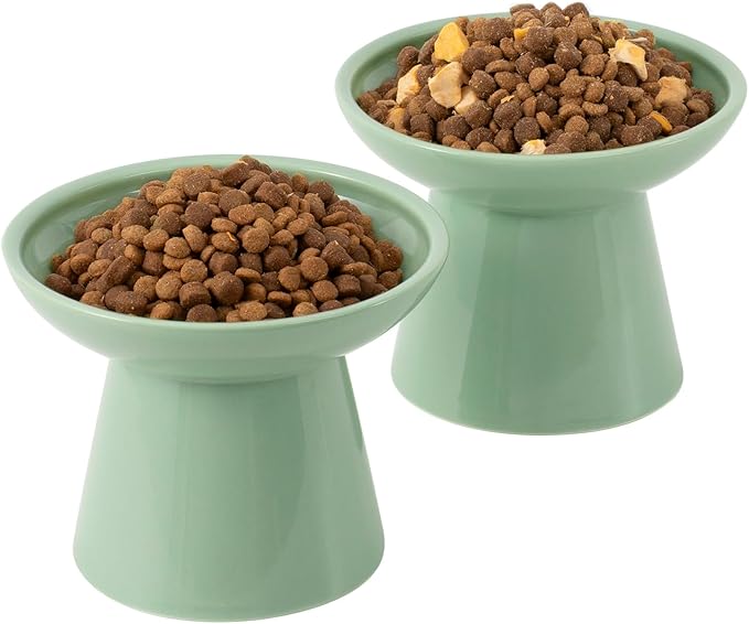 Extra Wide Elevated Ceramic Cat Bowl, 6.2" Shallow Dish for Whisker Fatigue Relief, 5" Height for Easy Feeding, Durable Raised Cat Food Bowls, Pack of 2, Sage Green