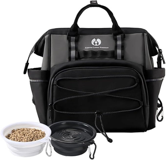 Dog Travel Bag, Airline Approved Pet Supplies Backpack, Dog Travel Backpack Accessories Set with 2 Silicone Collapsible Bowls and 1 Leash Clip for Camping, Road Trips & Weekends Away（Black）