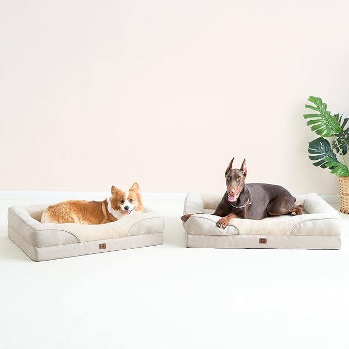 EHEYCIGA Memory Foam XL Dog Bed for XLarge Sized, Extra Large Orthopedic Dog Sofa with Sides and Waterproof Liner, Washable Bolster Pet Bed Couch with Removable Cover, 42x30x7.5 Inch, Beige