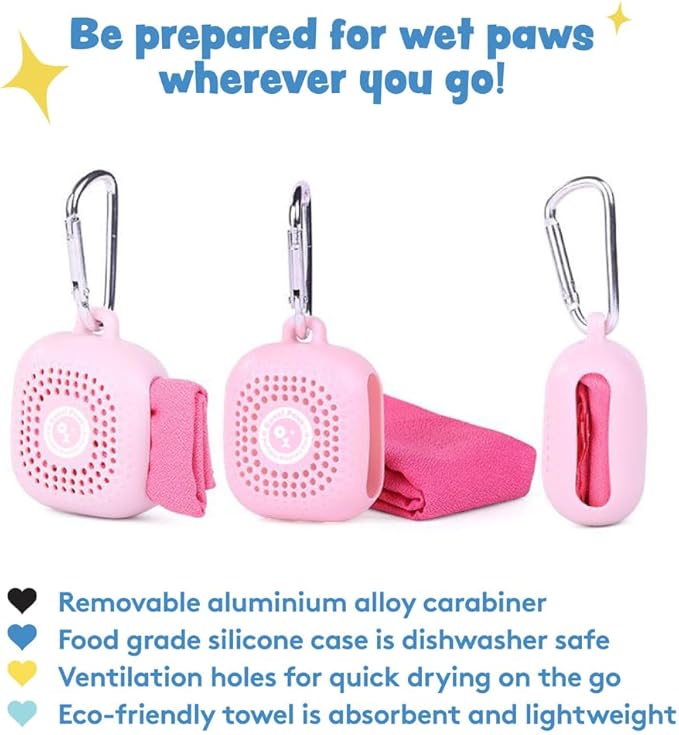 Sweet Paws Portable Dog Paw Towel, Lightweight & Super Absorbent Microfiber, Clips onto Leash, Quick Drying Towel for Dogs Paws with Silicone Case, Dry Dog’s Paws on The Go - Small - Rosy Glow