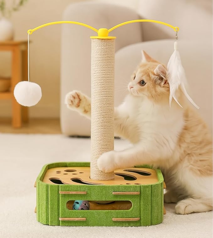Interactive Cat Puzzle Toy - Scratching Post with Spinning Balls & Feathers for Indoor Cats, Satisfies Hunting Instinct, Self-Play Mental Stimulation Game with Rolling Track