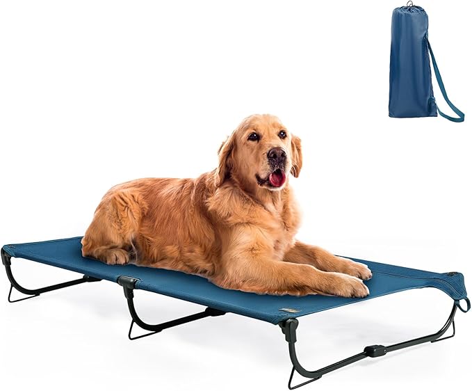 Folding Raised Dog Bed, Large Outdoor Elevated Dog Cot, Cooling Chew Proof Pet Cots Bed, Portable, Heavy Duty Up to 160 lbs, Pet Cot for Camping, Home, Dark Blue, 49"x33"x7"