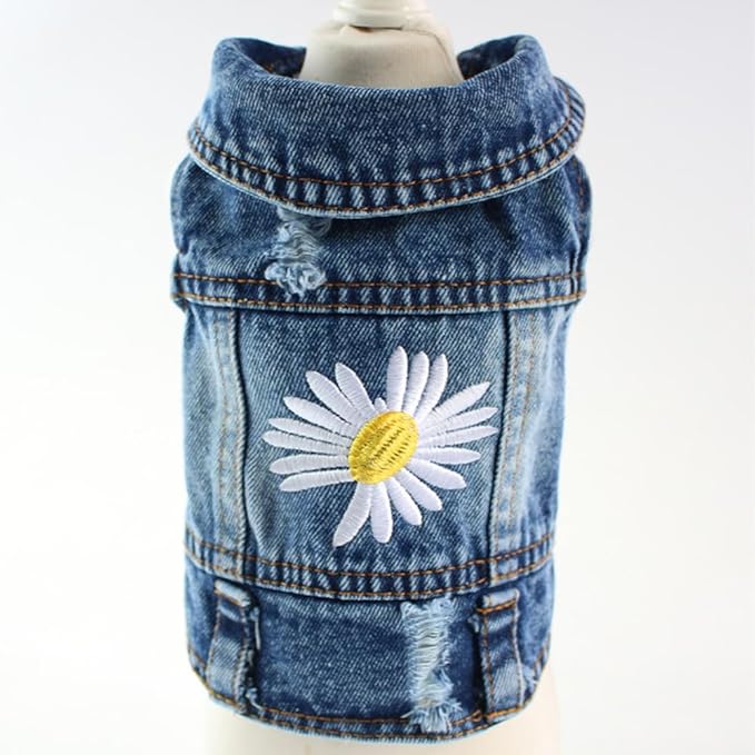 Dog Denim Jacket with Embroidered Daisy, Ripped Vintage Jean Vest for Small Dogs, Pugs, Chihuahuas, Spring Summer Autumn Festival Outfit