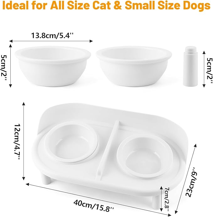 Elevated Cat Bowls, Tilted Rised Cat Food and Water Bowl with 2 Pcs Ceramic Pet Bowls, Rised Stand, Pet Dish Anti Vomiting Feeding Station for All Sized Cats & Small Dogs (White)