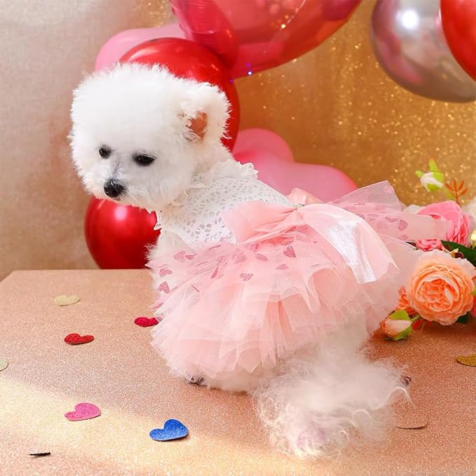 Dog Princess Dress with Heart Patterns & Bow Puppy Clothes for Small Dogs Girl Fancy Cat Birthday Outfit Pet Wedding Dresses (Pink White, X-Large)