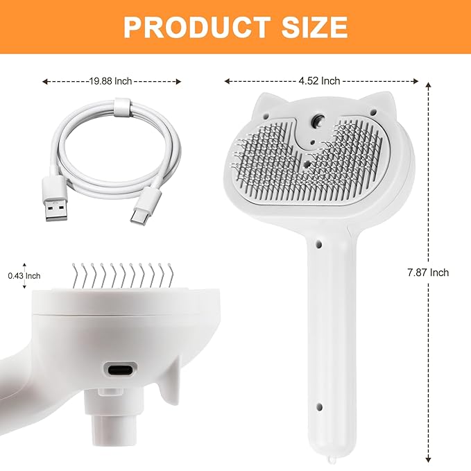 Cat Steam Brush for Shedding, 4 in 1 Steamy Cat Brush with Release Button, Self Cleaning Metal Pet Misting Hair Comb with Handle for Grooming Kitten Dog(White)