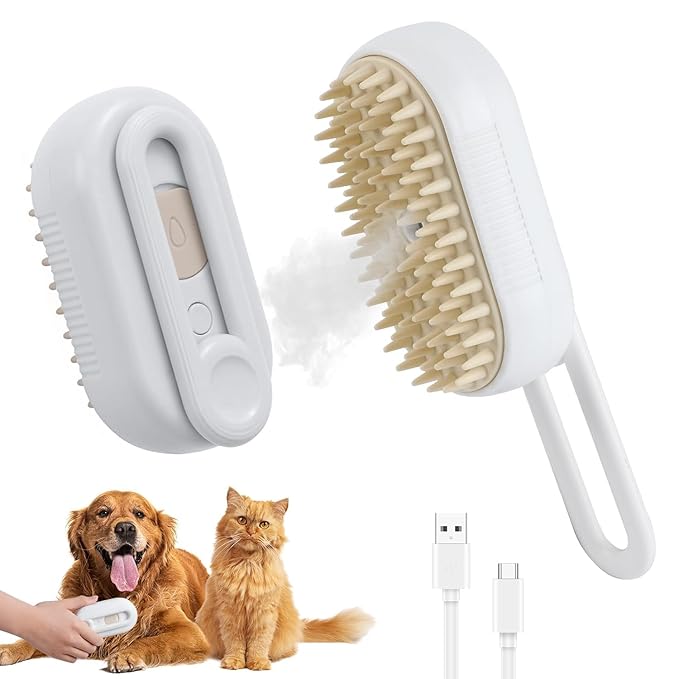 4 in 1 Cat Steam Brush Rechargeable pet spray comb Steam Brush for Cats and Dogs, Massage, Cleaning, Shedding & Combing Multifunctional Hair Removal Anti Static Grooming Tool for home (White)