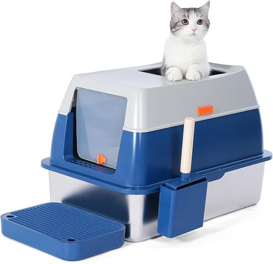 Enclosed Stainless Steel Litter Cat Box with Lid for Big Cats, Top Entry Covered Jumbo Metal Tray, Extra Large, High Sides, Durable, Anti Leakage, Odorless, Non-Sticky, FOXORU