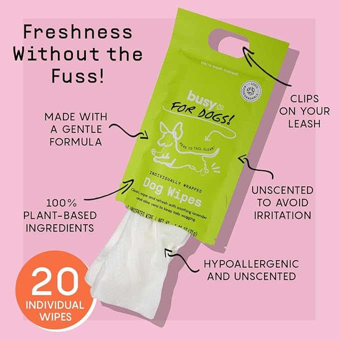 Busy Co. - Hypoallergenic Dog Wipes, Cleaning and Odor Control Grooming Wipes for Paws, Body, and Butt, Perfect for Puppy and Adult Dogs, Individually Wrapped, Unscented (Unscented, 20 Grooming Wipes)