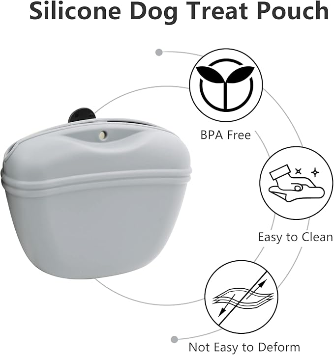 Dog Treat Pouch 2 Pack, Dog Treat Training Pouch, Silicone Pet Treat Bag BPA Free/Clip/Magnetic Dog Walk (Grey & Black)