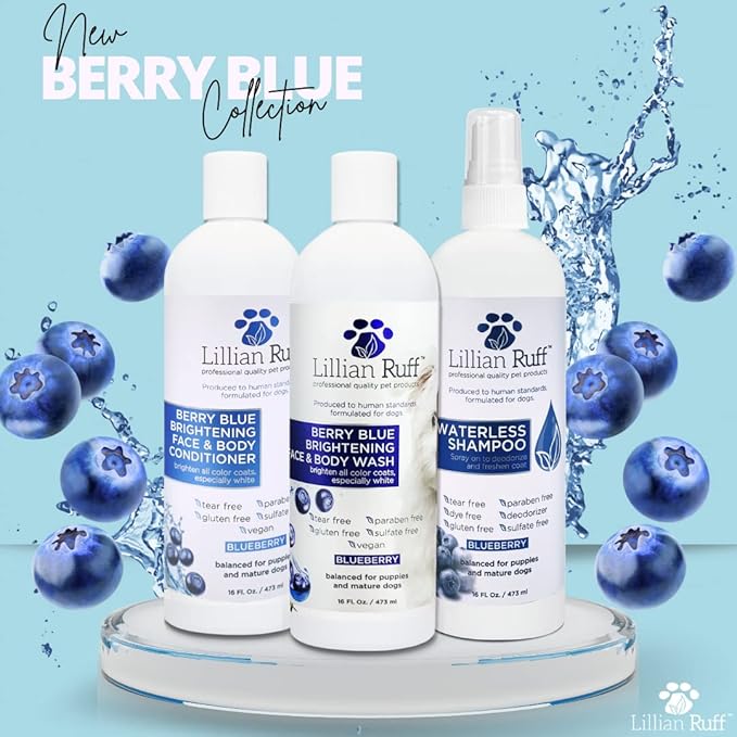 Lillian Ruff PRO Formula Berry Blue Brightening Dog Shampoo & Conditioner Set - Professional Show-Quality Whitening, Stain & Odor Eliminator, Hydrating Relief for Dry Skin, ProVitamin B5, USA Made