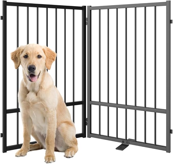 Full Metal Freestanding Dog Gate with Door, 32''Height Foldable Pet Dog Fence for Indoor & Outdoor, 2 Panels Extra Wide Free Standing TallDog Gates for Doorways,House,Stairs,Porch,Deck,Yard