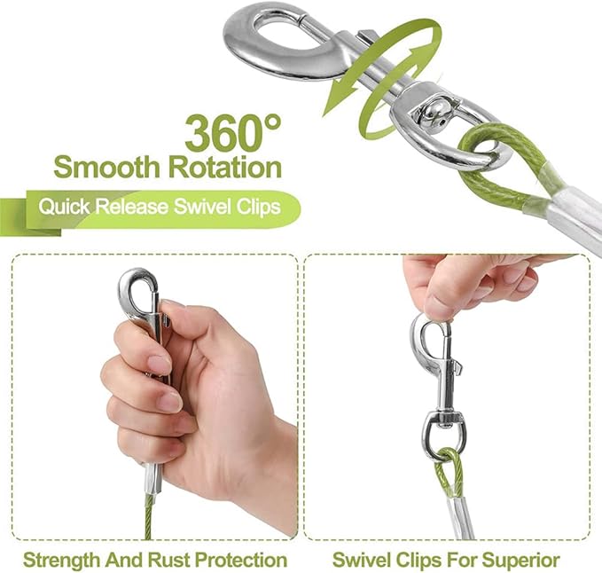 10FT Heavy Duty Dog Tie Out Cable for Large Dogs up to 125lbs, Durable Runner Tether Line (Green)