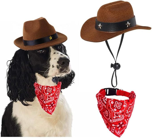 Dog Cowboy Costume Mini Brown Cowboy Hat Pet Bandana Halloween Costume for Cat Size S