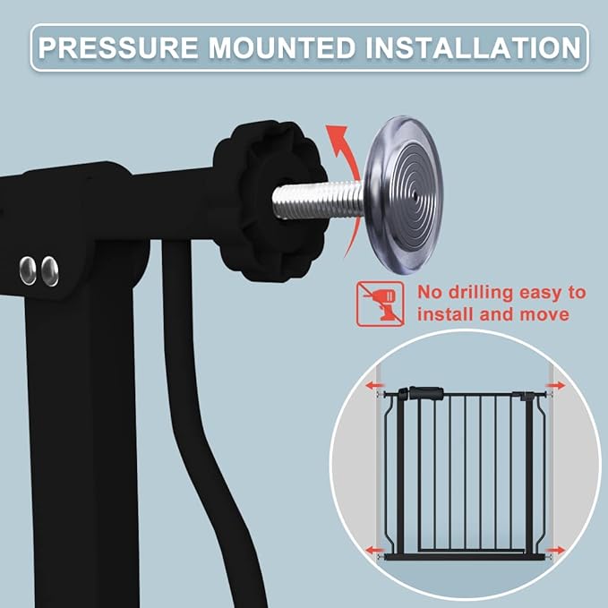 Extra Wide Baby Gate 71.6-76.37 Inch Black, Walk Through Pressure Mounted No Drill Long Large Tension Metal Gate for Dog and Toddler