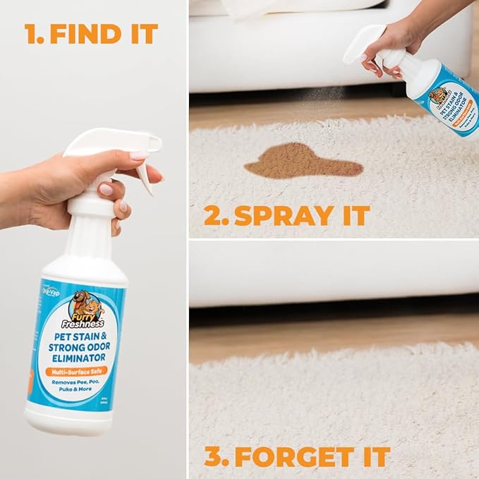 FurryFreshness Extra Strength Cat or Dog Pee Stain & Permanent Odor Remover + Smell Eliminator -Removes Stains from Pets & Kids Including Urine or Blood- Lifts Old Carpet Stains- (Gallon)