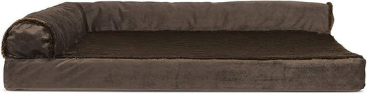 Furhaven Cooling Gel Dog Bed for Large/Medium Dogs w/ Removable Bolsters & Washable Cover, For Dogs Up to 55 lbs - Plush & Velvet L Shaped Chaise - Sable Brown, Large